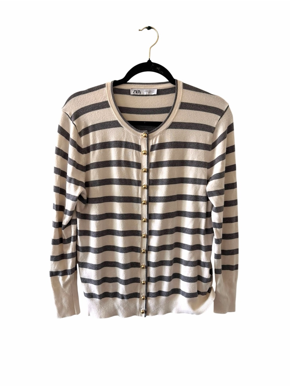 Zara Cream and Gray Striped Button Cardigan with Gold Buttons size Zara xxl - Picture 3 of 6